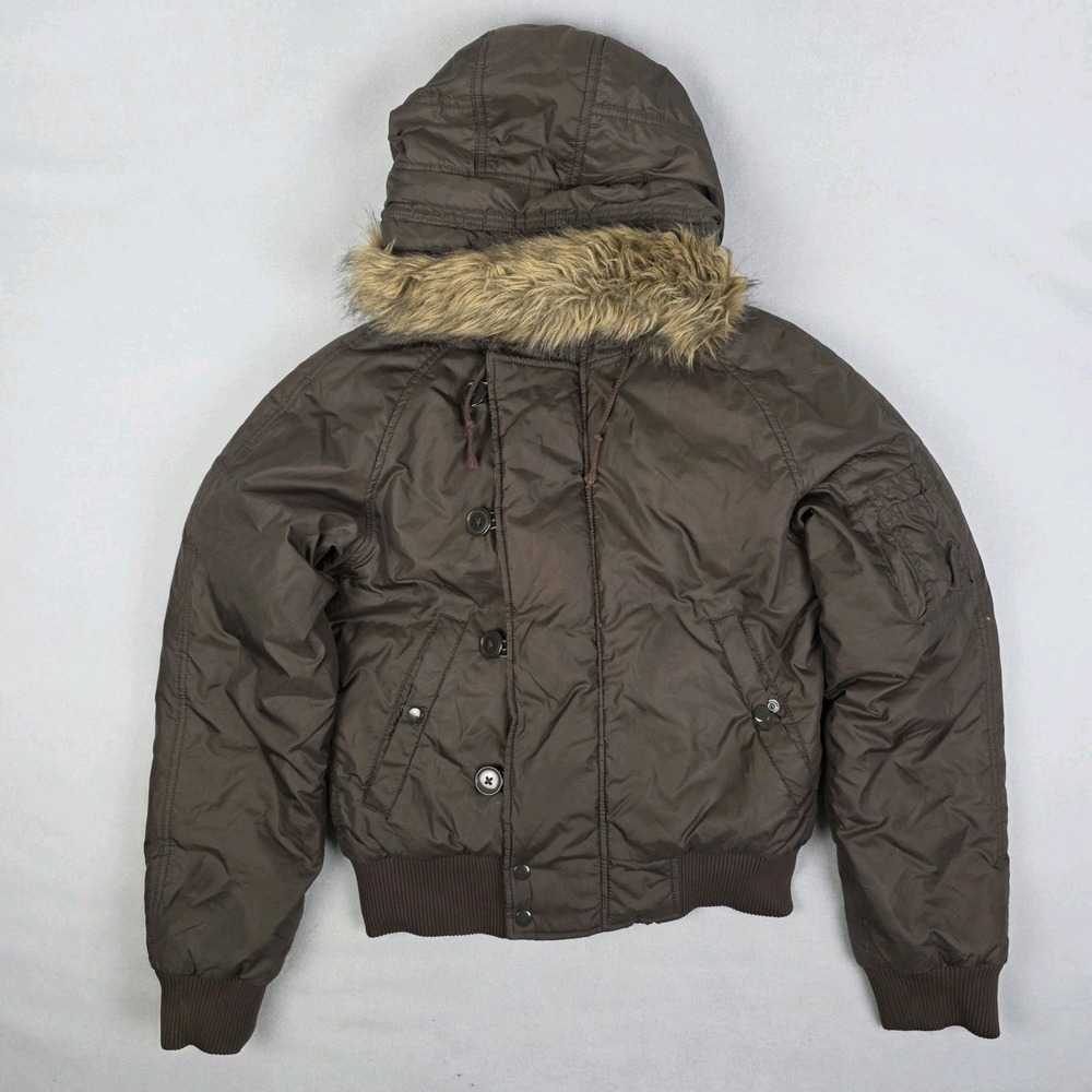 Vintage Y2k Polo Ralph Lauren Puffer Jacket Womens Small Brown Bomber Fur Hood
